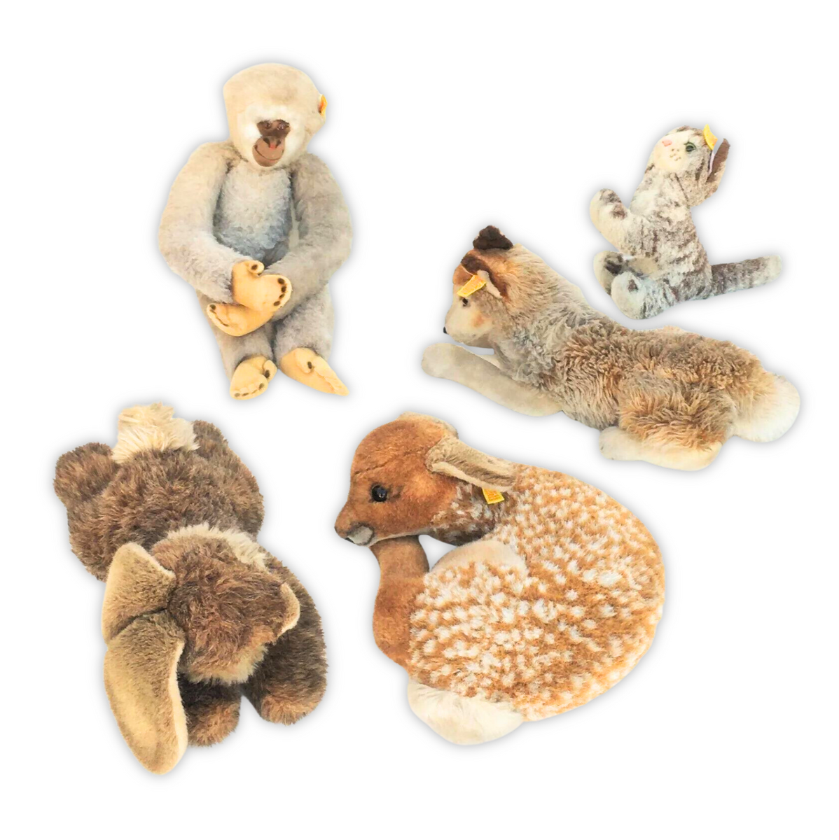 5 1960s-80s Steiff Stuffed Animals w/ Ear Tags Bunny, Cat, Deer, Monke