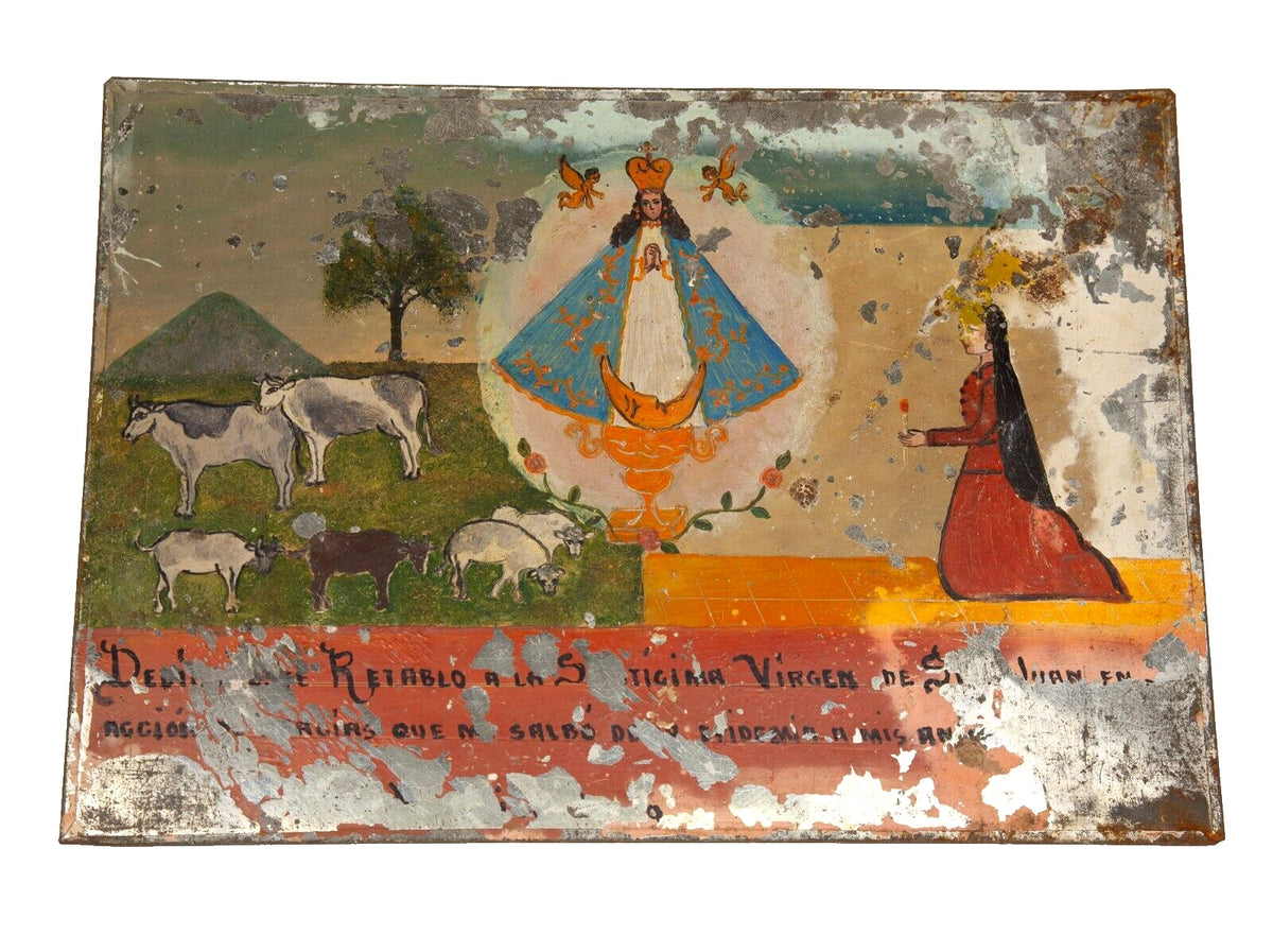 1950s-60s Mexican Ex-Voto Folk Art Retablo Painting on Tin, Ranch Anim ...